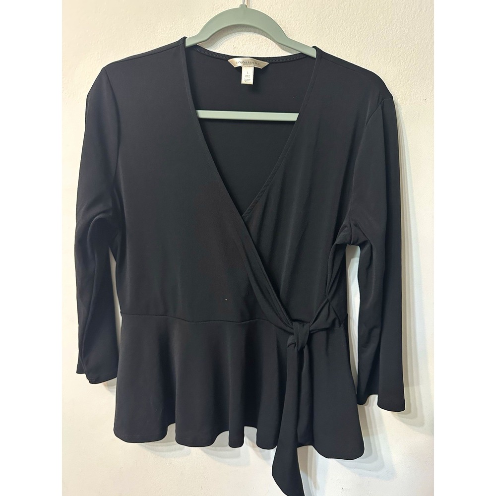 Banana Republic Black Faux Wrap Peplum Top Women Size L Tie Waist V-Neck Blouse